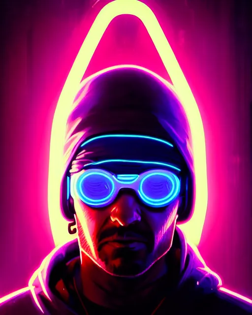 Image similar to cyberpunk synth, photographic, hyper - realistic detailed portrait of a man in a hoodie, with neon visor, dynamic pose, by atey ghailan, by greg rutkowski, by greg tocchini, by james gilleard, by joe fenton, by kaethe butcher, sharp focus