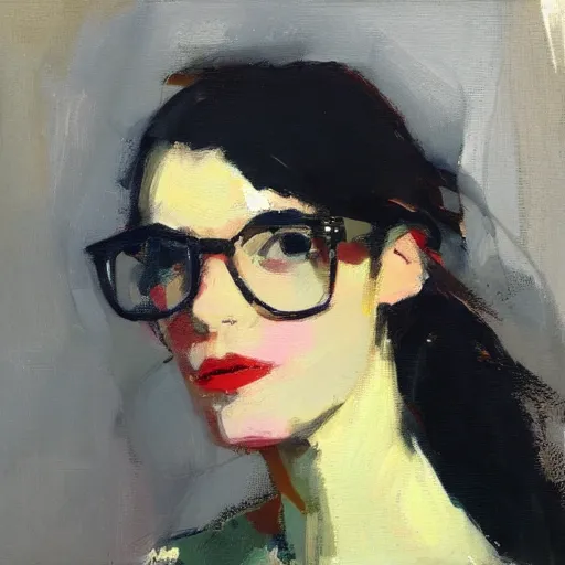 Prompt: artwork by malcolm liepke, close - up portrait of a cute hipster girl, triadic color scheme