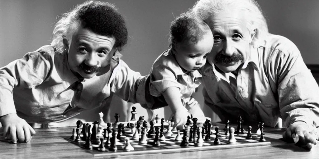 Image similar to a very smart baby playing chess with professor Albert Einstein