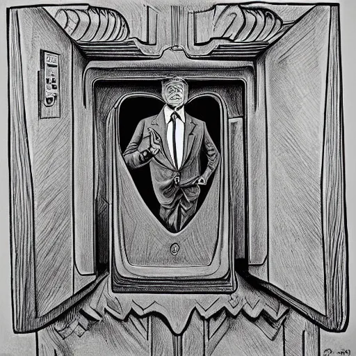 Prompt: a m. c. escher style drawing of trump and his safe