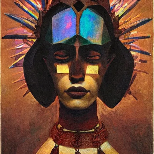 Prompt: the bone crown, by Annie Swynnerton and Nicholas Roerich and Diego Rivera, dark skin, elaborate costume, iridescent beetles, geometric ornament, rich color, dramatic cinematic lighting, smooth, sharp focus, extremely detailed