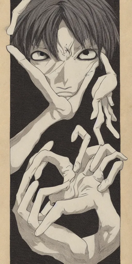 Image similar to anime portrait of mutant with handed head, head with hands