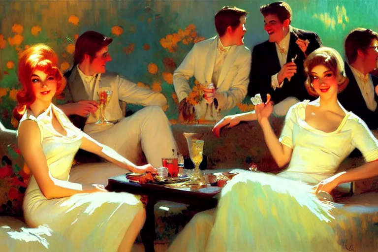 Prompt: sixties cocktail party, spring, soft light, painting by gaston bussiere, craig mullins, j. c. leyendecker