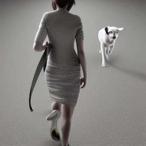 Image similar to ultra mega super hyper realistic Full lenght view contemporary art photography of highly detailed woman with highly detailed face walking with a highly detailed dog . Photo on Leica Q2 Camera lens angle 200mm, Rendered in VRAY and DaVinci Resolve and MAXWELL and LUMION 3D, Volumetric natural light