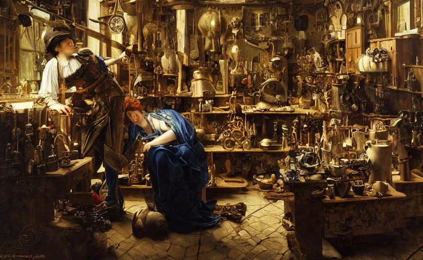 Prompt: the watchmaker's workshop, intricate, highly detailed, by edgar maxence and caravaggio and michael whelan and delacroix style, ambient lighting, photorealistic, extremely detailed, establishing shot, high resolution, dramatic lighting