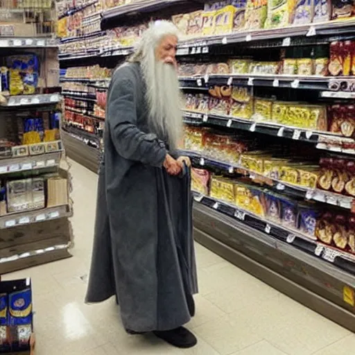 Image similar to Gandalf stacking shelves at a supermarket, depressing