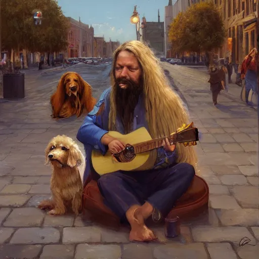 Image similar to oil painting of a man with long hair blond and a beard hippie style with his golden retrever dog playing guitar in the square for money, people watching around, by greg rutkowski, artstation