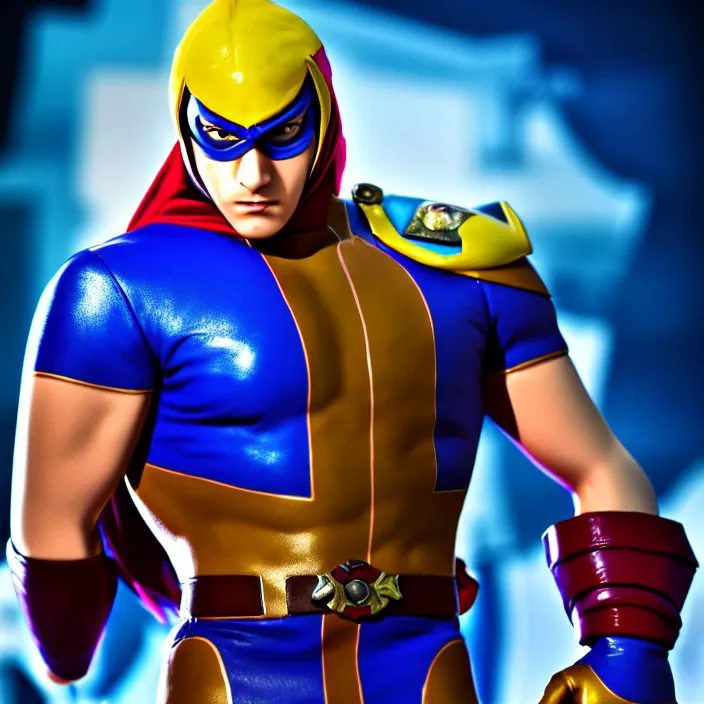 Prompt: cinematic portrait, captain falcon from super smash brothers, sheik mohammad ruler of dubai, head and chest only, masterpiece, cinematic composition, beautiful lighting, sharp, details, hyper - detailed, hd, 4 k