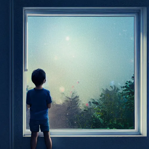 Prompt: a boy looks outside his bedroom window to see the beautiful cosmos, trending on artstation, 8k resolution, octane render