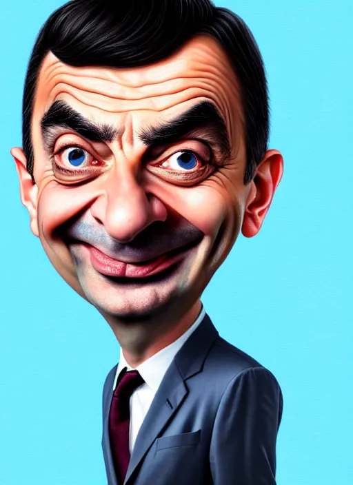 Image similar to highly detailed caricature portrait of mr bean by ross tran, by greg rutkowski, brush strokes, 4 k resolution, light blue pastel background