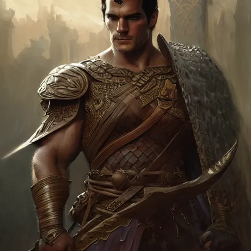 Prompt: Henry Cavill as a warrior, D&D, muscular, fantasy, intricate, thighs, elegant, highly detailed, digital painting, artstation, concept art, smooth, sharp focus, illustration, art by artgerm and greg rutkowski and alphonse mucha