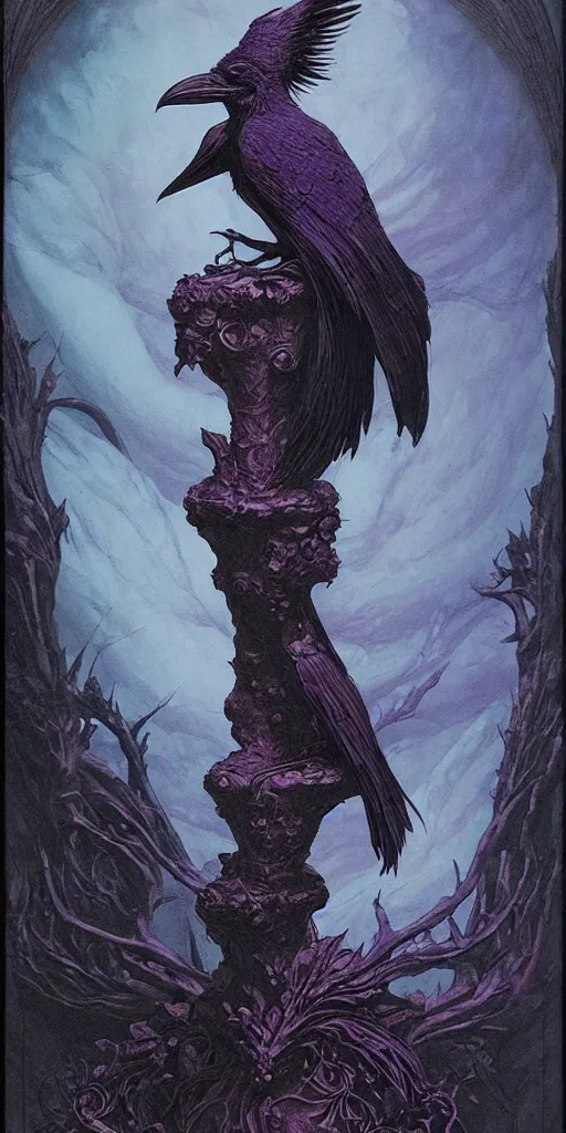 Image similar to raven perched on a bust of beautiful woman in a dark gothic room gothic, full frame, by wayne barlowe, peter mohrbacher, kelly mckernan, james o barr