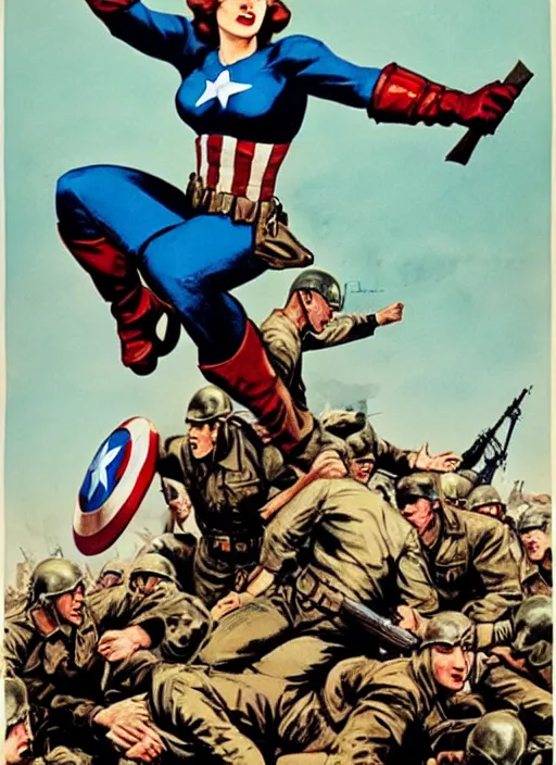 Image similar to beautiful female captain america standing on a pile of defeated german soldiers. feminist captain america wins wwii. american wwii propaganda poster by james gurney