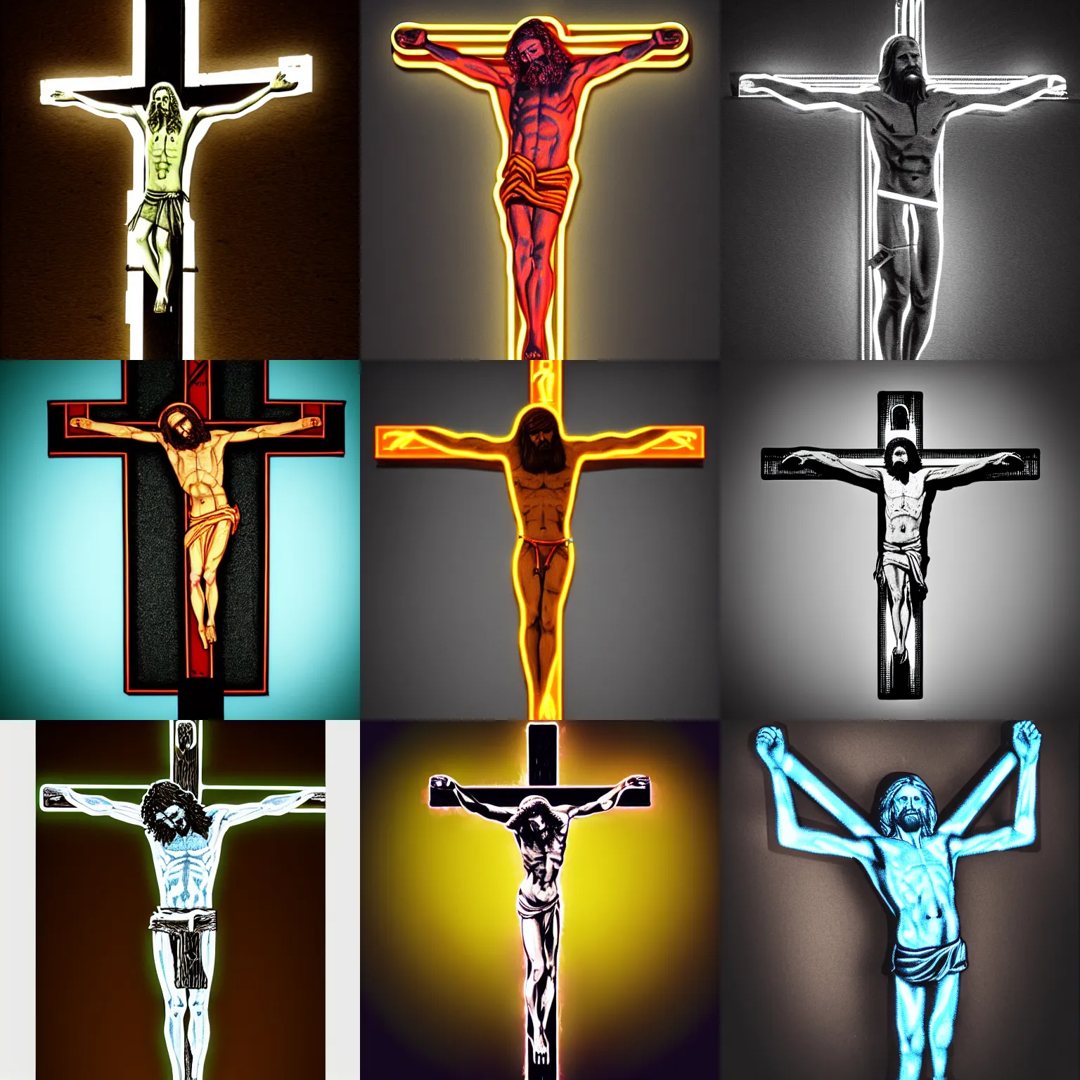 Prompt: highly detailed jesus christ crucified on gloving neon cross, octan render, shadows, reflections, digital painting, realistic, neon lights, black background, neon lighting, fluorescent, anatomically correct body