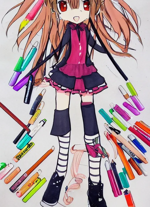 Image similar to very poorly drawn anime girl, cute outfit, posing, crayon art, very silly looking, very anime