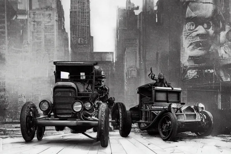 Image similar to cyberpunk 1 9 0 8 model ford t by paul lehr, jesper ejsing, metropolis, parked by view over city, vintage film photo, damaged photo, scratched photo, scanned in, old photobook, silent movie, black and white photo