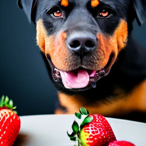 Image similar to a high - quality photo of a cute rottweiler with a half - eaten strawberry cake, 4 5 mm, f 3. 5, sharpened, iso 2 0 0, raw,