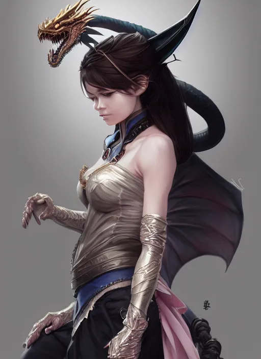 Image similar to female dragon tamer, wide angle view, japanese dragon, black, white, gold, pink, blue colors diamonds, highly detailed, artgerm, cushart krenz, artstation, soft light, sharp focus, illustration, character design, concept art