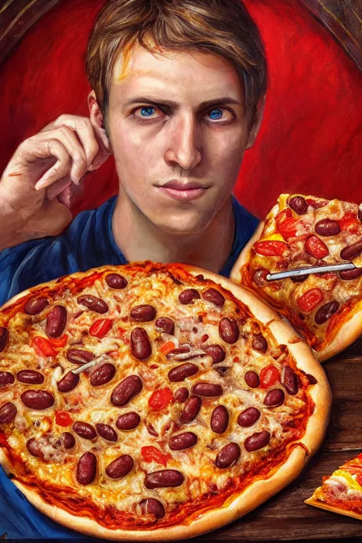 Image similar to a full body high detail fantasy portrait oil painting illustration of baked beans and pizza by justin sweet with face and body clearly visible, in a scenic background, pretty eyes, realistic proportions, d & d, rpg, forgotten realms, artstation trending, high quality, sombre mood, artstation trending, muted colours, entire person visible!