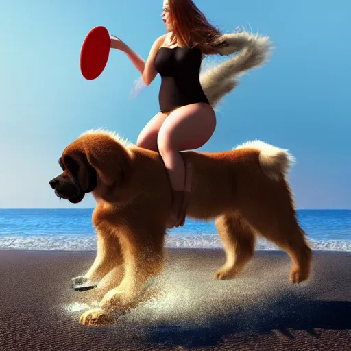 Image similar to girl riding a giant saint Bernard at the beach catching a frisbee, trending on artstation