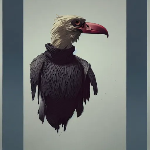 Image similar to ripped physique beak beak Man portrait Sherlock Samuel Beckett Beak Detective Anthropomorphic furry fashion vogue Vulture man wearing a Buzzard costume wearing a hobo costume gerald brom bastien grivet greg rutkowski norman rockwell portrait face head beak eyes illustration tombow