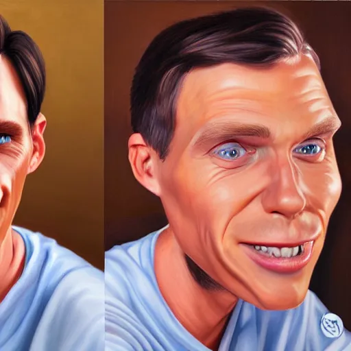 Image similar to Caricature portraits done of Jerma realistic, hyperrealistic, very realistic, highly detailed, very detailed, extremely detailed, detailed, oil painting, digital art, trending on artstation