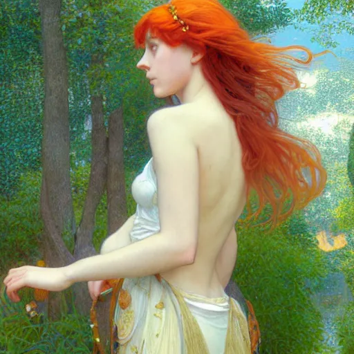 Image similar to A young woman with orange long hair and small horns in shorts and white shirt drawn by Donato Giancola and Makoto Shinkai, Edmund Leighton, Alphonse Mucha, background by James Jean and Gustav Klimt, 4k, porcelain skin, volumetric lighting, komorebi, french nouveau, trending on artstation, octane render, hyperrealistic