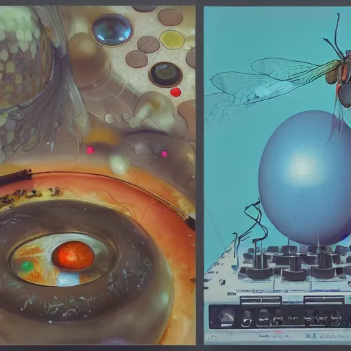 Prompt: surreal gouache painting, by yoshitaka amano, by ruan jia, by Conrad roset, by good smile company, detailed anime 3d render of big transparent resin stone in the center of the screen with a magical dragonfly inside. dragonfly inside an egg, egg on the mixer, Surrounded by a big DJ Mixer, Controller deck, portrait, cgsociety, artstation, rococo mechanical and Digital and electronic, dieselpunk atmosphere