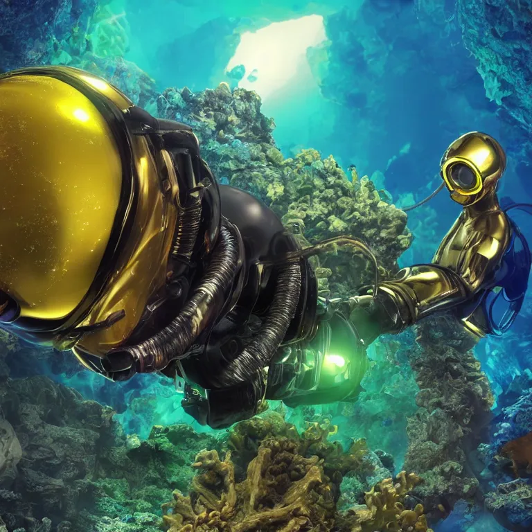 Prompt: octane render portrait by wayne barlow and carlo crivelli and glenn fabry, subject is a futuristic android scuba diver with a shiny reflective golden metal helmet with colorful reflective goggles with two thick black ribbed rubber hoses, surrounded by bubbles inside an exotic alien coral reef aquarium full of exotic fish, cinema 4 d, ray traced lighting, very short depth of field, bokeh