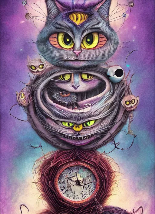 Prompt: cheshire cat the magician tarot card, highly detailed, cinematic, 8 k, bymegan duncanson, benjamin lacombe, naoto hattori, adrian borda, giger, trending on deviantart, hyper detailed, horror, full of colour