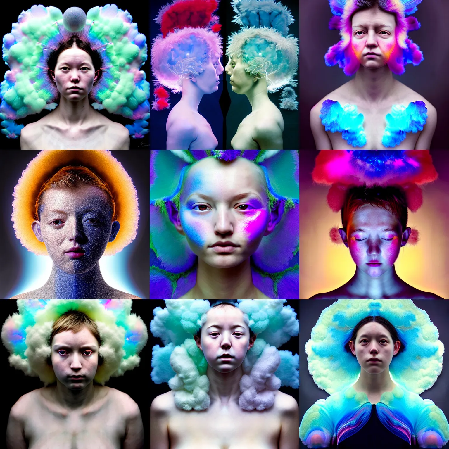 Prompt: symmetry!, photographic portrait of a person made of fluffy iridescent clouds by anne geddes and robin eley and ross tran and jusepe de ribera and ilya kuvshinov, cybernetic components, electrical wiring, highly detailed digital art masterpiece, pearlescent