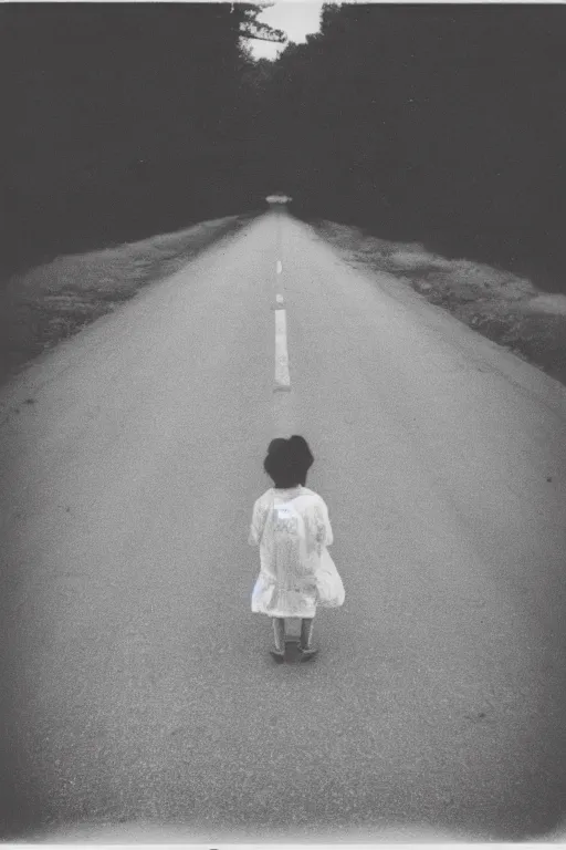 Image similar to photo polaroid of a sad and lonely child in the middle of a road with field hospitals , field hospitals, pandemic, loneliness, black and white ,photorealistic, 35mm film,