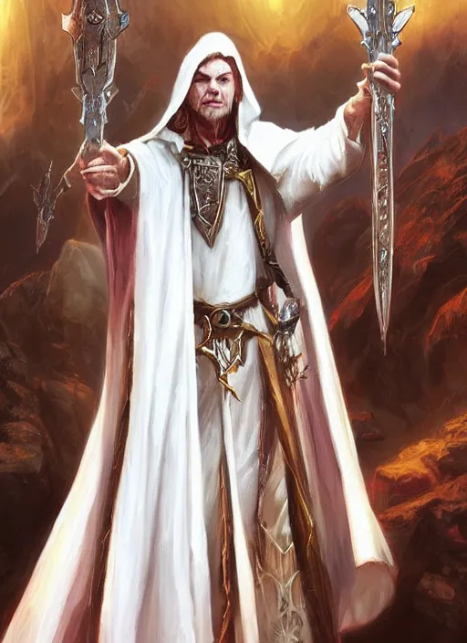 Prompt: white cloak holy priest, ultra detailed fantasy, dndbeyond, bright, colourful, realistic, dnd character portrait, full body, pathfinder, pinterest, art by ralph horsley, dnd, rpg, lotr game design fanart by concept art, behance hd, artstation, deviantart, hdr render in unreal engine 5