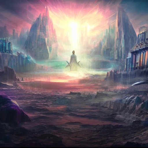 Prompt: concept art trending on art station detailed matte painting of a mystical being meditation in Atlantis city , dramatic, 8k, digital art, aesthetic