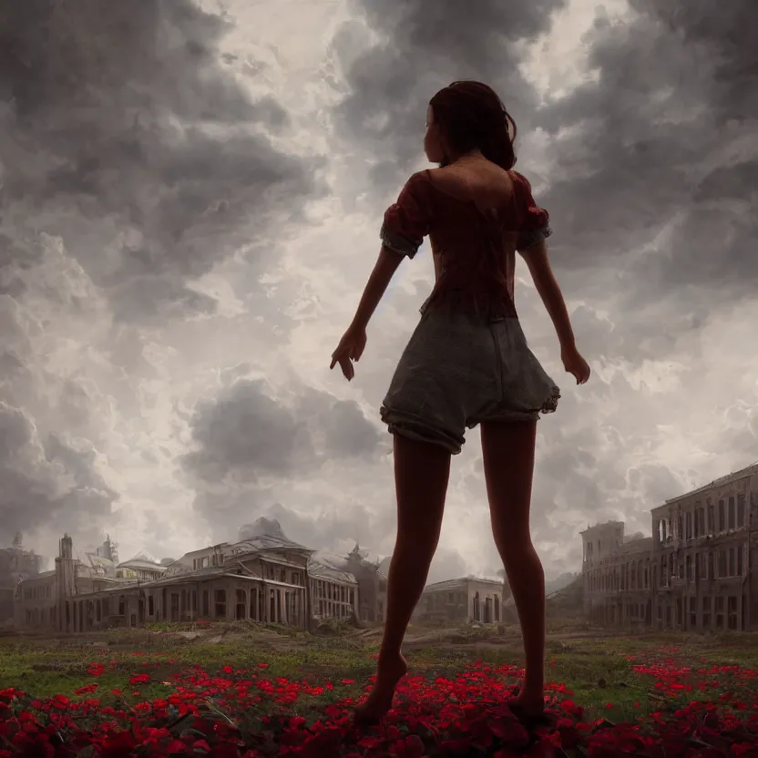 Image similar to a beautiful Cotton Mill Girl, symmetrical, centered, dramatic angle, ornate, details, smooth, sharp focus, illustration, realistic, cinematic, artstation, award winning, rgb , unreal engine, octane render, cinematic light, macro, depth of field, blur, red light and clouds from the back, highly detailed epic cinematic concept art CG render made in Maya, Blender and Photoshop, octane render, excellent composition, dynamic dramatic cinematic lighting, aesthetic, very inspirational, arthouse by Henri Cartier Bresson