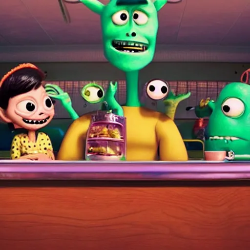 Image similar to cute monsters in a diner, Pixar style