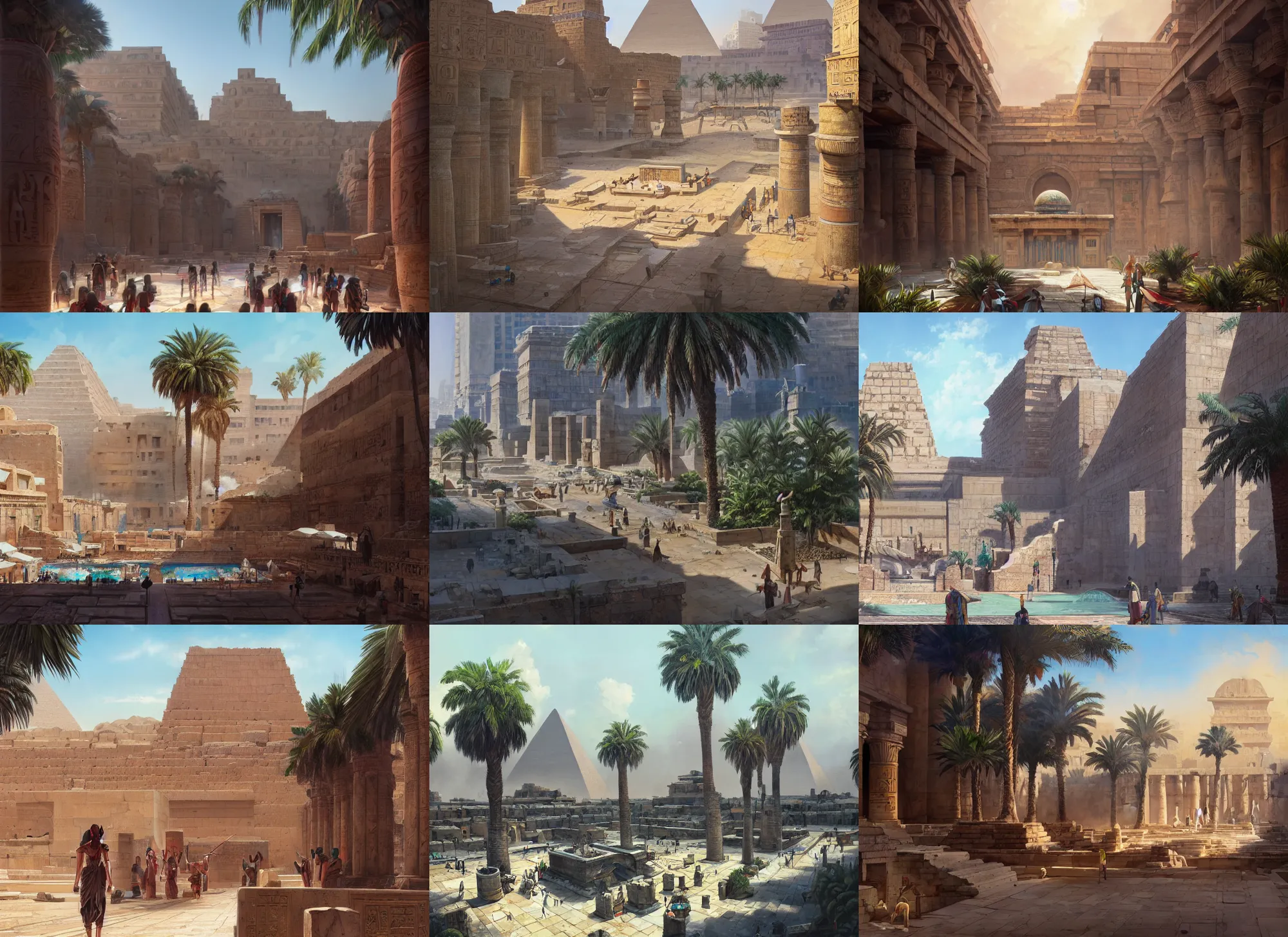 Image similar to A wide open courtyard in an epic, colorful city in ancient Egypt, anime, pyramids, palm trees, fountain, a fantasy digital painting by Greg Rutkowski and James Gurney, trending on Artstation, highly detailed