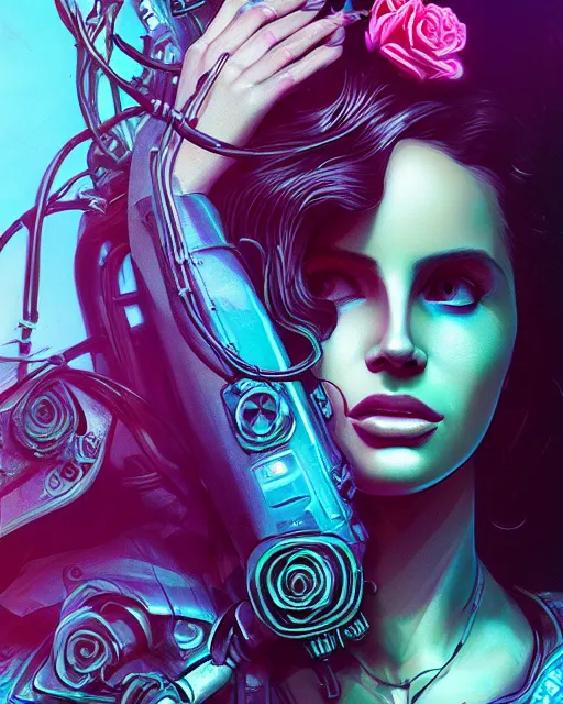 Prompt: portrait of lana del rey as a cyberpunk cyborg. roses, sci - fi, intricate abstract, upper body, intricate artwork, by tooth wu, wlop, beeple, dan mumford. concept art, 8 k octane render, deviantart, greg rutkowski, cinematic, key art, hyperrealism, iridescent accents