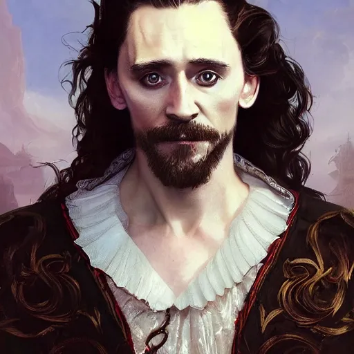 Image similar to a man wearing a doublet, tom hiddleston, painted fantasy character portrait, highly detailed, digital painting, artstation, concept art, sharp focus, illustration, art by artgerm and greg rutkowski and alphonse mucha