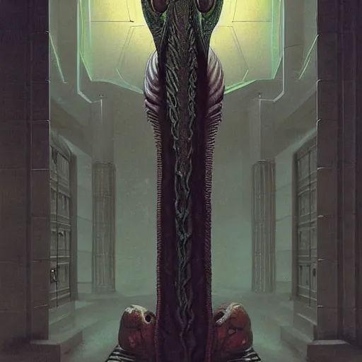 Image similar to portrait of tall, long-necked lipless mutant with scaled face and serpent eyes wearing gauze toga and standing in cyberpunk art deco mosque, alien bestiary by Barlowe, Greg Rutkowski, and Yoshitaka Amano