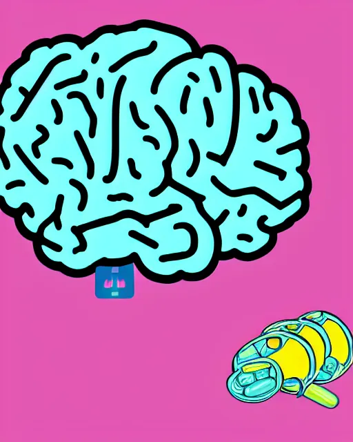 Prompt: awesome logo of a brain and mishroom and pills with dank techno. synthwave colours. in the style of spirited away. awe, rage, musicality, 1 9 6 0, kodak, natural colors, hyperrealism, lush detail