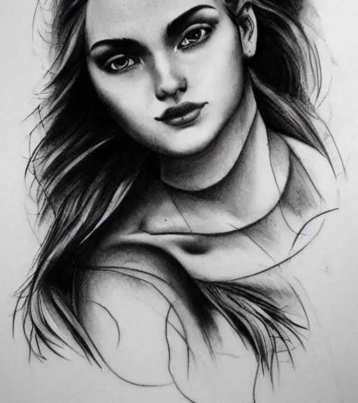 Image similar to tattoo design sketch of an extremely beautiful woman face with a faded background of stunning mountain view on her side, hyper - realistic, in the style of matteo pasqualin, amazing detail, black and white, faded