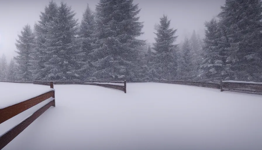 Prompt: wooden guardrails covered by snow in beautiful winter landscape. fog, snowstorm, photorealistic rendering, octane