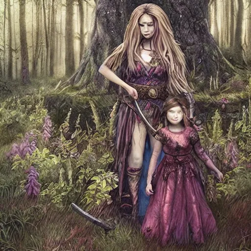 Prompt: sensual girl warrior making a ritual with her daughter in a magical forest by leesha hannigan, fantasy, highly detailed faces, artwork