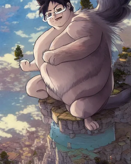 Image similar to fat otaku on the giant cat, funny comic panels, graphic art, rgba, 8 k hd resolution, pinterest, dynamic character, 8 k character details, concept art, 8 k ultra realistic, intricate details, ultra detailed, reduce character duplication, in style of hayao miyazaki