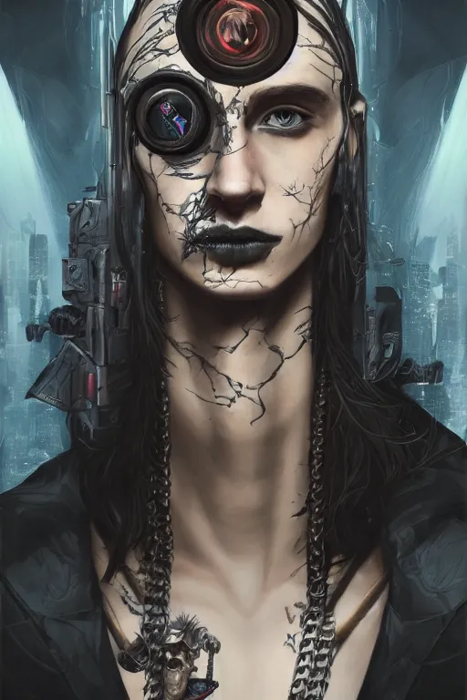 Prompt: portrait of beautiful young gothic man, warhammer, a lot of scars, readhead, the future ages, cyberpunk, highly detailed, artstation, illustration, art by tristan eaton, 8 k quality