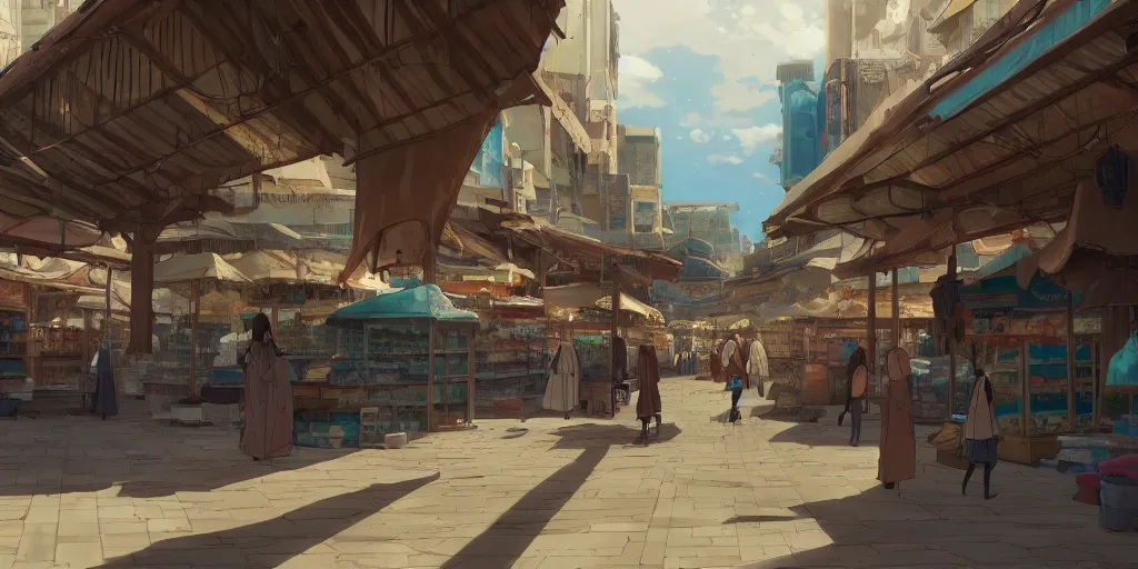 Image similar to empty arabian marketplace, scenic shot, by makoto shinkai