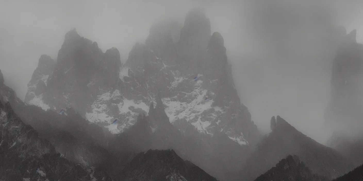 Prompt: foggy dolomites photographed from the valley, 1. 2 f, 3 5 mm, dark, eerie, 1 9 2 0 s ghost photography