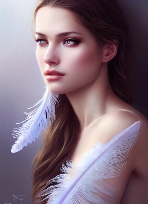 Image similar to a gorgeous female photo, professionally retouched, soft lighting, wearing a feather dress, realistic, smooth face, perfect eyes, wide angle, sharp focus on eyes, 8 k high definition, insanely detailed, intricate, elegant, art by artgerm and greg rutkowski