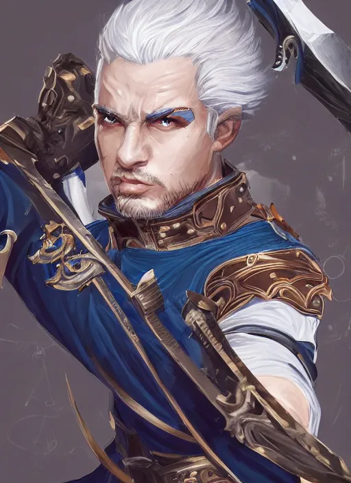 Image similar to a highly detailed illustration of fierce young short slick back white haired man wearing dark blue coat, bright blue eyes, dramatic wielding katana pose, intricate, elegant, highly detailed, centered, digital painting, artstation, concept art, smooth, sharp focus, league of legends concept art, wlop